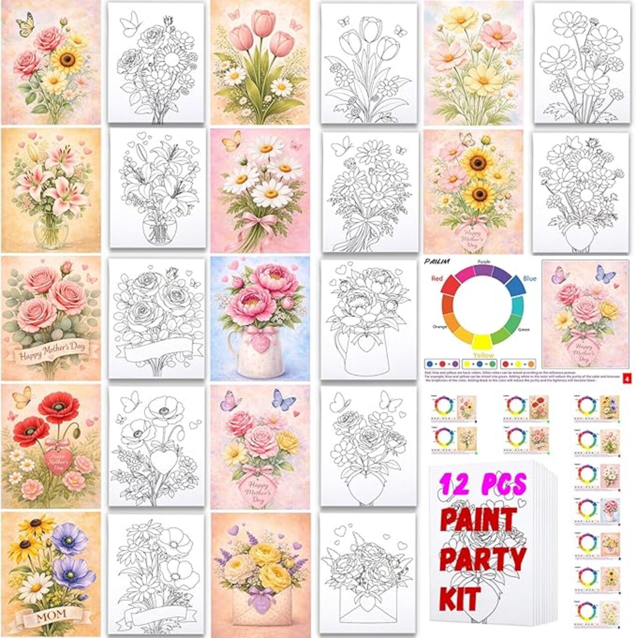 12Pcs 8x10 Pre Drawn Canvas for Painting for Adults Sip and Paint kit with Design Paint Party Favors Painting Supplies for Beginner Mother's Day Romance Canvases Art Board Set